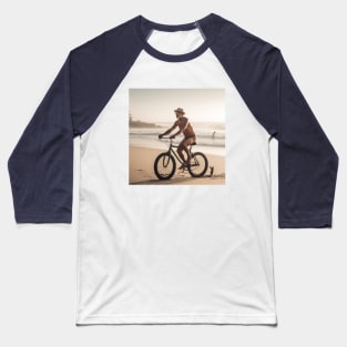 Elderly jolly man on bicycle riding on beach Baseball T-Shirt